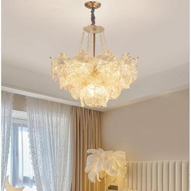 Imagem de Lustre francês moderno de cristal dourado, luminária de teto, 2 em 1, ajustável, com pétalas multicamadas, para sala de estar, sala de jantar e quarto (60 cm)