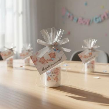 Imagem de Kit 25 Lembrancinhas Mini Hidratante Chá Revelação Menino ou Menina Festa Infantil