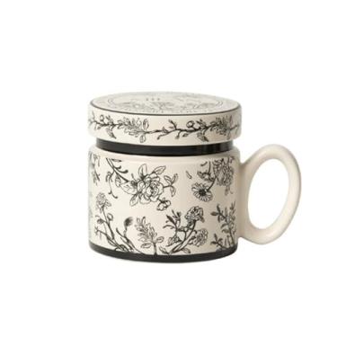 Imagem de Caneca de café doméstica com tampa, 1 conjunto de cerâmica multicolorida à prova de poeira, capacidade de 364 g para decoração de copos de café da manhã de leite de escritório (preto)