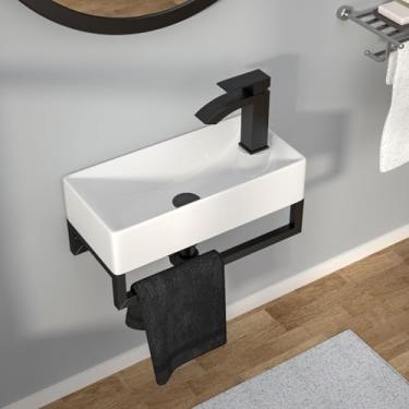 Imagem de Kichae Pia de parede pequena - Pia de banheiro flutuante de 43 x 23 cm, retangular, porcelana, branca, cerâmica, mão direita, com toalheiro