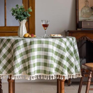 Imagem de Alsoo Toalha de mesa redonda Gingham toalha de mesa verde linho de algodão com borla, xadrez xadrez lavável para decoração de aniversário ao ar livre na primavera, piquenique (152 cm, 2 a 4 lugares)