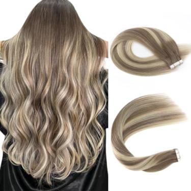 Imagem de Sassina Extensões de cabelo humano Remy com fita adesiva de 35,5 cm, invisível, sem costura, extensões de cabelo humano castanho castanho a loiro médio, espessas, 50 gramas, 20 peças #T8/22P8
