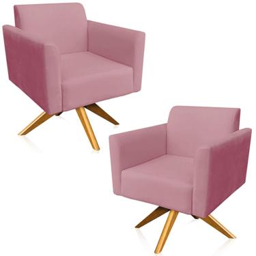 Imagem de Kit 02 Poltronas Decorativas Isabella Base Giratória Madeira Suede Rosê - Gran Belo