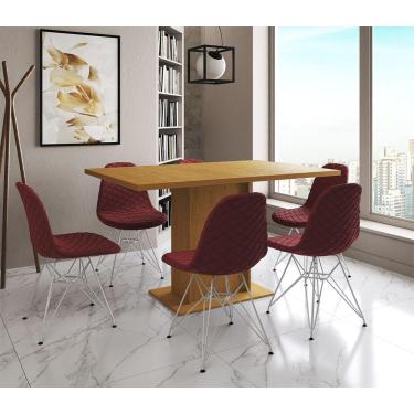 Imagem de Mesa Jantar Londres Retangular Canela 137X90Cm 6 Cadeiras Estofadas Vermelho Ferro Branco