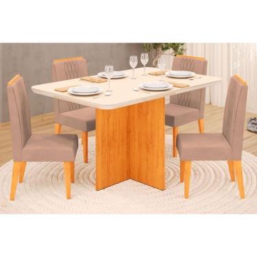 Imagem de Sala De Jantar Completa Hera Tampo Madeirado C- Vidro Reto 120x90cm E 4 Cadeiras Lia Cedro-off White - Suede Kraft - Dj Móveis