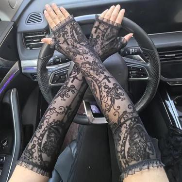 Imagem de Luvas Longas Pretas Com Estampa De Rosas Para Mulheres, Transparentes,