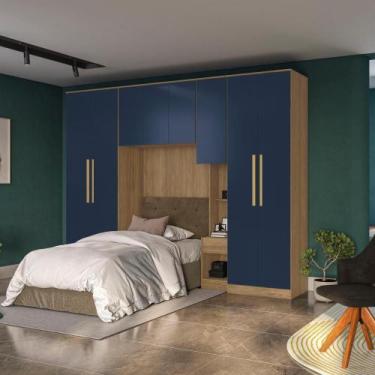 Imagem de Quarto Modular Kappesberg Adapt Nogueira/Azul Profundo 6 Peças 292cm
