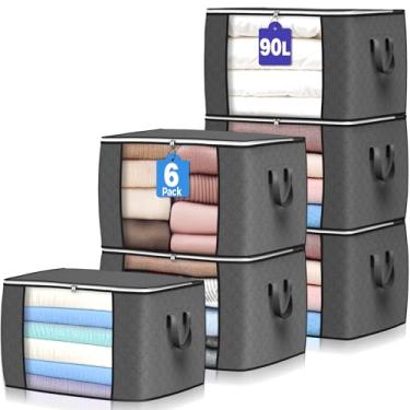Imagem de Sacos de armazenamento grandes de 90L, pacote com 6 caixas de armazenamento de roupas, organizadores de armário dobráveis recipientes de armazenamento com alça durável para roupas, cobertor, edredom, lençóis, travesseiros e brinquedos (cinza)