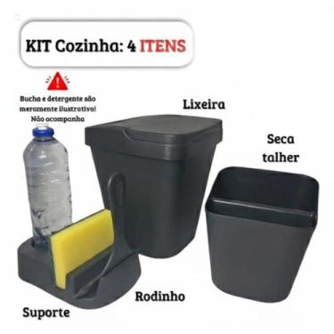 Imagem de Kit Organizador de Pia Cozinha Plasmarc 4 Pças - Lixeira 4,8L Porta De