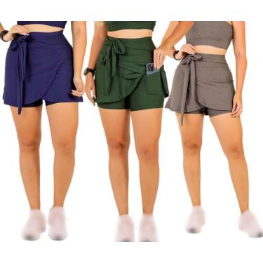 Imagem de Kit 3 Shorts Saia Com Bolso Feminino Fitness Moda Evangélica Beach Ten