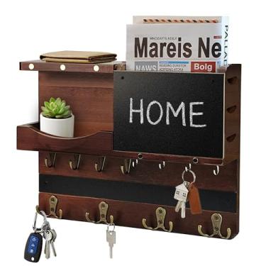Imagem de HEKOOLA Porta-chaves e correios para decoração de parede, organizador de chaves e correio rústico para parede com diferentes ganchos, quadro-negro, prateleira, cesta, clipes (madeira de pinheiro, marrom)