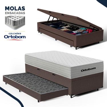 Imagem de Cama Box Baú com Colchão de Molas Ensacadas Ortobom One Face Plenno Superpocket + Auxiliar de Espuma Solteiro 88cm