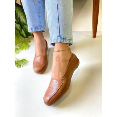 Imagem de Mocassim Feminino Caramelo Couro Legítimo Sapatilha Bico Quadrado Marr