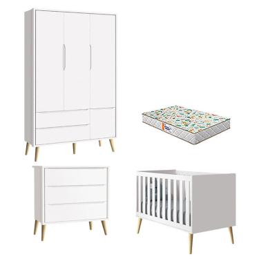 Imagem de Quarto de Bebê 3 Portas e Cômoda Gaveteiro Theo Branco Pés Madeira Natural com Colchão...