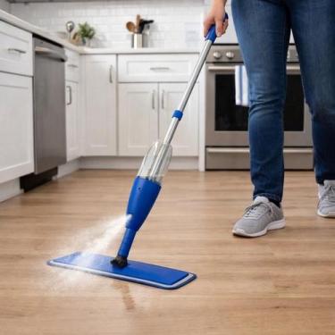 Imagem de Mop Spray Giratório Cinza Azul Microfibra Cabo Ajustável Limpeza Pisos