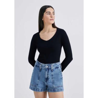 Imagem de Blusa Básica Feminina Manga Longa Slim Decote V - Hering, EXG, Preto