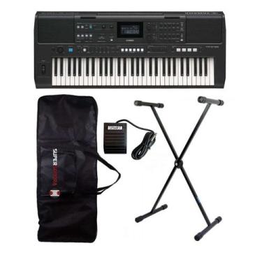 Imagem de Kit Teclado Yamaha PSRE-483 + Suporte em X + Capa + Pedal Sustain