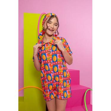 Imagem de Macaquinho Estilo Camisa Estampado Fruta Laranja com Botões + Faixa - 