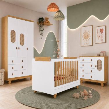 Imagem de Kit Bebê Pingo Berço Guarda Roupa Cômoda Tela Branco/Amêndoa