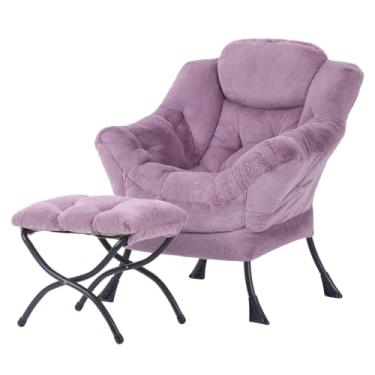 Imagem de Givjoy Cadeira de Relaxamento Fofinha com Otomano, Grande Cadeira de Acento Contemporânea de Pelúcia Roxa com Bolso Lateral, Moderna Poltrona Estofada de Leitura com Apoio para os Pés para Quarto