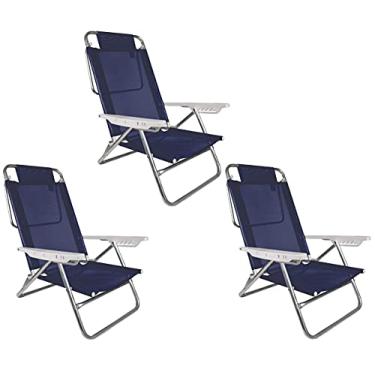 Imagem de Kit 3 Cadeira Reclinável Summer 6 Posições Alumínio Praia Camping - Mor - Azul Marinho