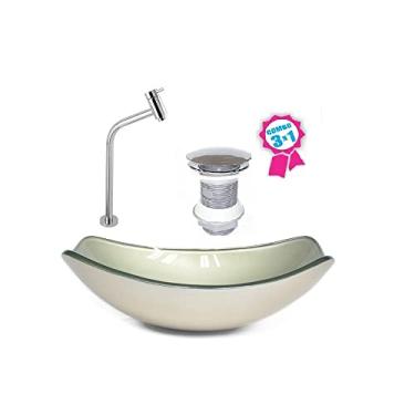 Imagem de CUBA DE VIDRO OVAL CHANFRADA 46CM CHAMPANHE + VALVULA + TORNEIRA