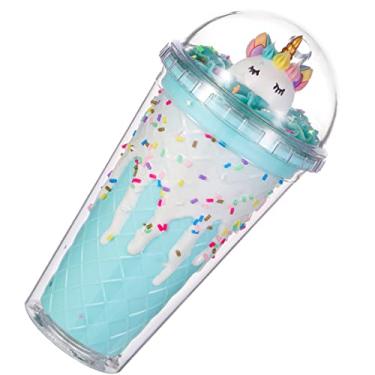 Imagem de Copo de viagem de pata de gato com canudo rosa copo de festa copo de gelo congelante caneca de presente para aniversário (creme azul unicórnio, 450 ml)