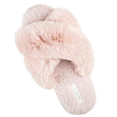 Imagem de HALLUCI Pantufas femininas de flanela de plush macia para uso interno ou externo, rosa, Medium