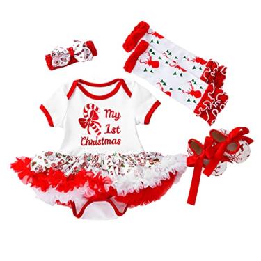 Imagem de Macacão infantil infantil de Natal para meninas conjunto de meias de cabelo roupas para meninas (vermelho, 3-6 meses)