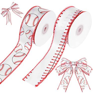 Imagem de 2 rolos de fitas de beisebol vermelho e branco fio borda fitas de tecido 1,5 polegadas x 10 jardas costura esportiva fita com fio de cetim para embrulho de presente DIY artesanato decoração