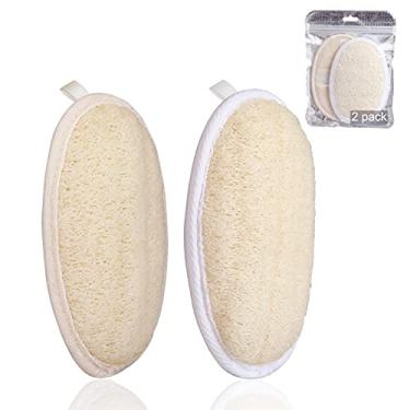 Imagem de Pacote com 2 esponjas esfoliantes para chuveiro com bucha de banho, esfregão corporal para homens e mulheres, remoção de pele morta, feito com luffa natural e tecido felpudo, 15 x 9 cm, luva de corpo de malha para spa de banho