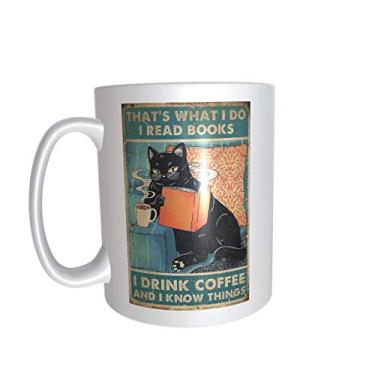 Imagem de Caneca de café para amantes de gatos Caneca branca de gato That's What I Do I Read Books i Drink Coffee and i know things