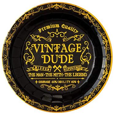 Imagem de Pratos descartáveis masculinos crocantes vintage Dude Decorações de Aniversário em ouro preto, Buffet, Bolo, Almoço, Pratos descartáveis para Jantar Masculinos Sutiãs de mesa de aniversário, 50 Unidades, 23 cm