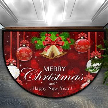 Imagem de Flocos de neve Natal sinos dourados vermelho meio redondo tapete de porta entrada ao ar livre grande 24" x 36" meio círculo bem-vindo tapete de entrada semicircular tapete de porta frontal área tapete garagem pátio áreas de alto tráfego