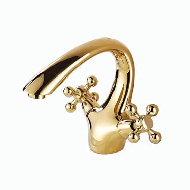 Imagem de LIDON Torneira de banheiro Torneira de alça dupla Torneira de pia de banheiro Latão antigo Torneira de cozinha antiga de latão Torneiras de banheiro para pia 1 furo torneira de vaidade furo único, ouro (cor: dourado)