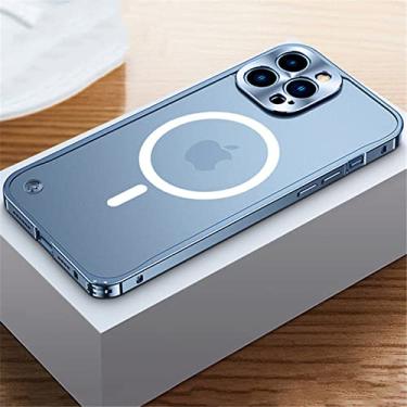 Imagem de Capa de armação de metal galvanizada de luxo para iPhone 11 12 13 14 Pro Max 12 13 Mini 14Plus Capas de telefone de placa traseira de acrílico fosco, azul Sierra 2, para iPhone 11Pro