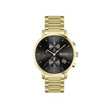 Imagem de Boss Relógio masculino de quartzo preto com pulseira de aço inoxidável, banhado a ouro, 20 (modelo: 1513781)