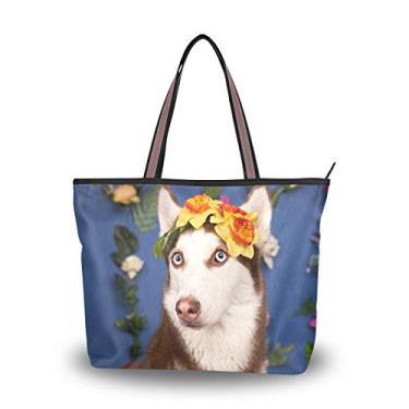 Imagem de Bolsa de ombro My Daily Fashion para mulheres, Husky Dog e Flores Bolsas Grande, Multicoloured, Medium