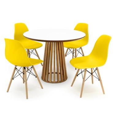Imagem de Conjunto Mesa de Jantar Redonda Luana Amadeirada Branca 100cm com 4 Cadeiras Eames Eiffel - Amarelo