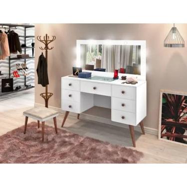 Imagem de Penteadeira Camarim Retro 7 Gavetas C/ Led - Espelho -Gaveta Central Maquiagem + Banqueta Retro