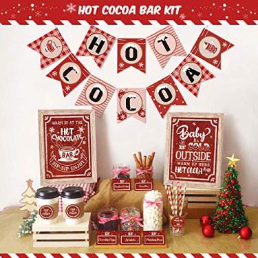 Imagem de Hot Cocoa Bar Kit Hot Cocoa Banner Hot Chocolate Bar Sign Toppings Tent Cards Cup Tags Stickers for Wintertime Holiday Christmas Party Baby It's Cold Outside Decorations (Red and White Style)
