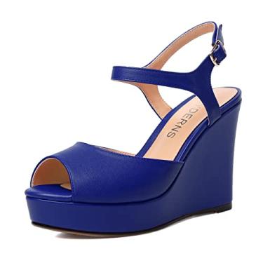Imagem de WAYDERNS Sapato feminino com tira no tornozelo plataforma peep toe fosco fivela sólida moda cunha salto alto salto alto 10 cm, Azul royal, 11.5