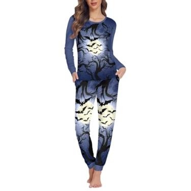 Imagem de ZWPINITUP Conjunto de pijama feminino calça comprida Sloeepwear, roupa noturna macia e confortável com decote em V para casa PP-6GG, Morcegos noturnos de Halloween, 6X-Large
