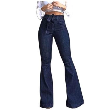 Imagem de Calça jeans feminina de cintura alta com laço de perna larga elástica confortável e moderna jeans, Jeans de perna larga azul para mulheres, GG