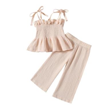 Imagem de Yanmucy Conjunto de 2 peças de roupa de verão para bebês meninas, blusa sem mangas com babados, conjunto de calça comprida e sola canelada, Bege, 2-3 Anos