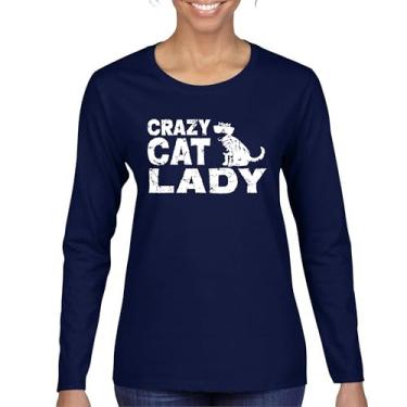 Imagem de Crazy Cat Lady Camiseta feminina manga longa divertida amante de gatinhos animais de estimação mãe feline rainha miau gatos humor mamãe sarcástica, Azul marinho, G