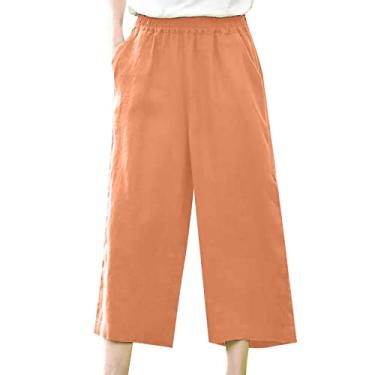 Imagem de Calça feminina reta pequena cintura alta calça de moletom verão linho algodão calça social leve para trabalho, Laranja, XXG