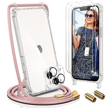 Imagem de UYMO Capa transversal para iPhone 14 Plus de 6,7 polegadas, capa transversal com alça de cordão de pescoço, capa transparente de policarbonato TPU com 2 protetores de tela de vidro temperado e 1
