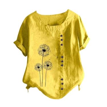Imagem de Camisetas femininas de linho de verão com estampa de dente-de-leão, gola redonda, botões, manga curta, túnica folgada, Amarelo, M