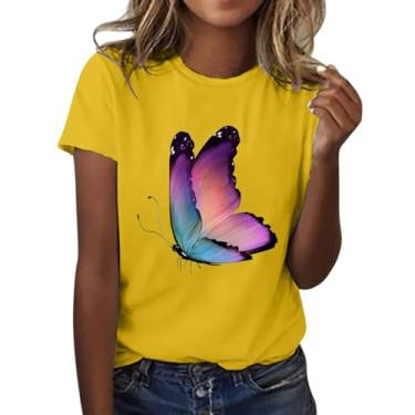 Imagem de Camiseta feminina de verão com estampa de borboleta, manga curta, gola redonda, caimento solto, túnica fashion casual, Amarelo, M